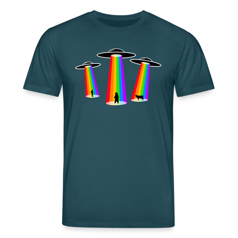 3 Gay UFOs - Galactic Pride Abduction | Unisex Bio T-Shirt - Dunkles Petrol