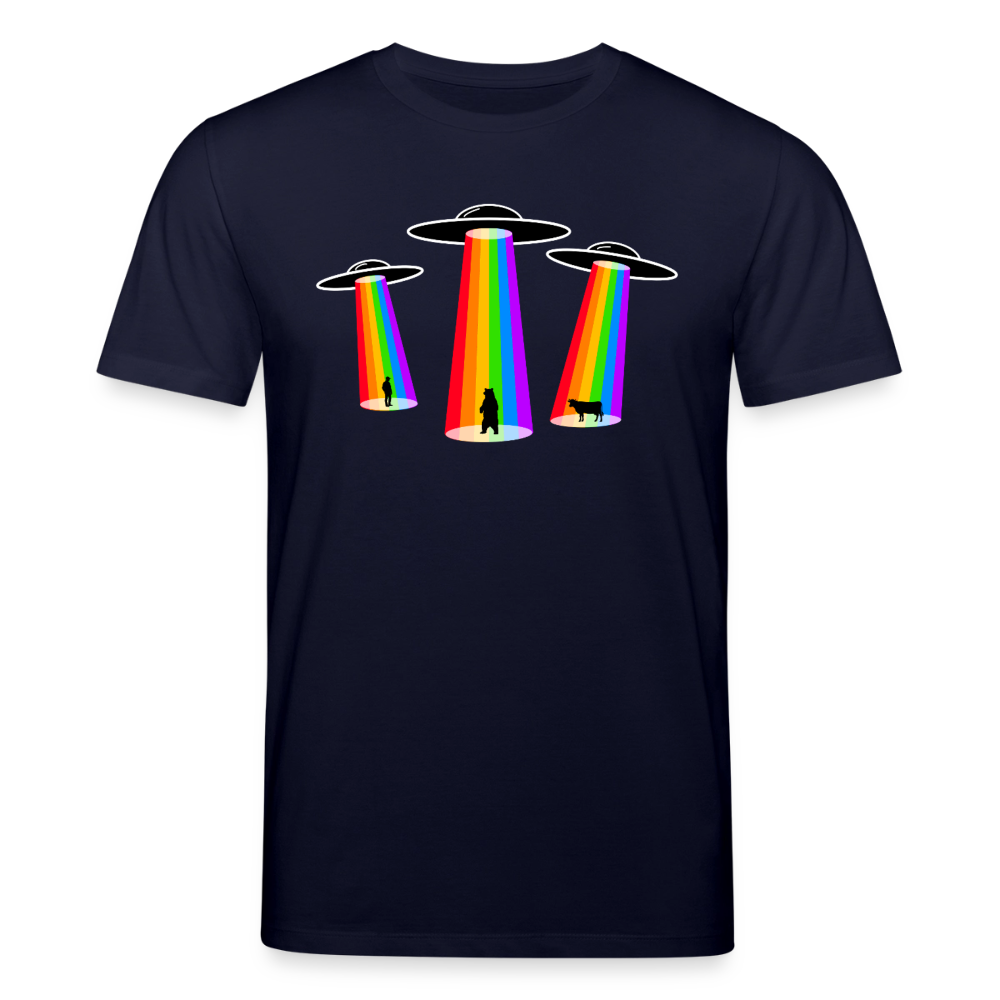 T-Shirt: 3 Gay UFOs - Galactic Pride Abduction - Navy