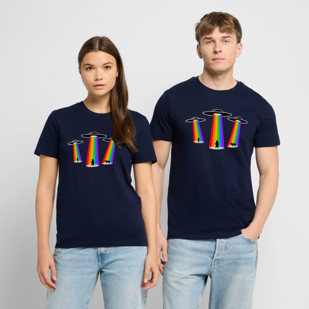 3 Gay UFOs - Galactic Pride Abduction | Unisex Bio T-Shirt - Navy