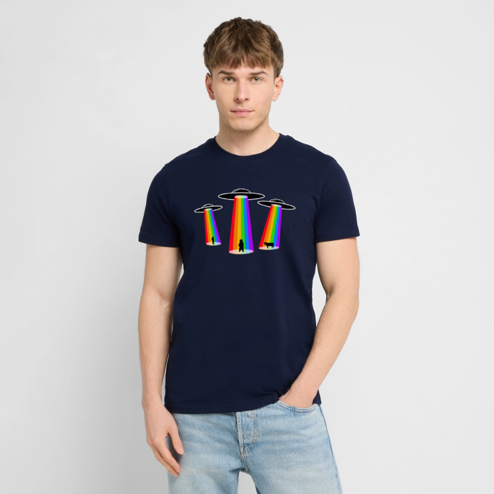 3 Gay UFOs - Galactic Pride Abduction | Unisex Bio T-Shirt - Navy